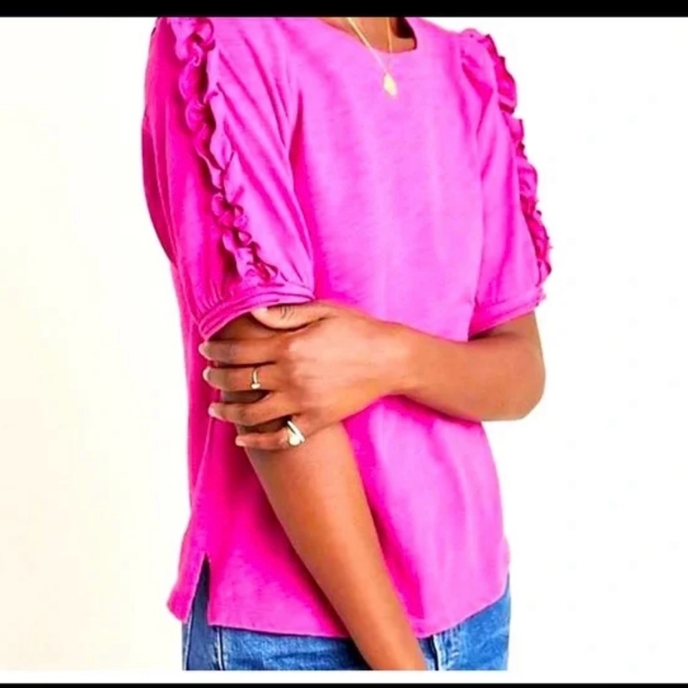NWT Anthropologie Maeve Clemence Pink Rose Ruffle 3/4 Sleeve Cotton Top Womens M